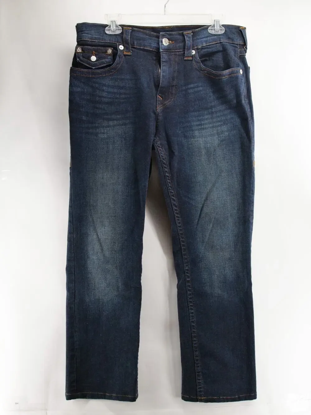 True Religion Ricky Relaxed Straight Jeans Mens 33x30 Flap Pocket Dark Wash Blue